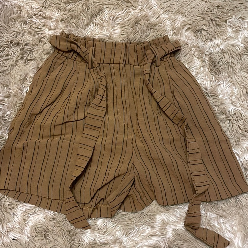 H&M, size 4, high waisted shorts with belt tie. Brown with black stripes.